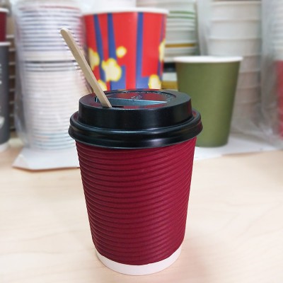 Insulated Red double Ripple Wall Paper Coffee Cups with Wooden stirrers and coffee lids